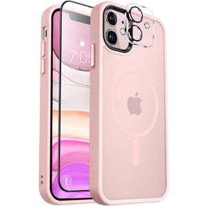 MOCCA Strong Magnetic for iPhone 11 Case,[Compatible with Magsafe][Glass Screen Protector+Camera Lens Protector] Slim Thin Shockproof Cover Case for iPhone 11 6.1 inch, Pink