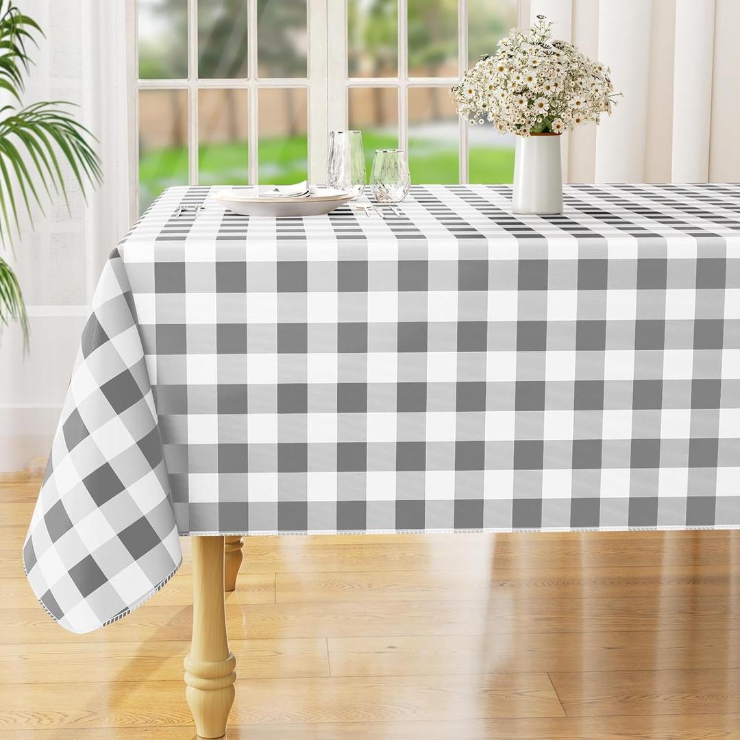misaya Rectangle Waterproof Vinyl Table Cloth, Buffalo Flannel Backed Tablecloth, Wipeable Plastic Table Cover for Easter, Dinner, Kitchen, Outdoor (60" x 120", Grey and White)
