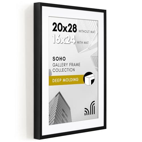Americanflat 20x28 Picture Frame with Polished Plexiglass - Use as 16x24 Frame with Mat or Display 20x28 Photo Without Mat - Soho Collection - Deep Molding Picture Frames for Wall Display - Black