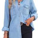 chouyatou Women's Spring Long Sleeve Denim Jean Shirts Button Down Shirt Business Casual Tops (Medium, Blue)