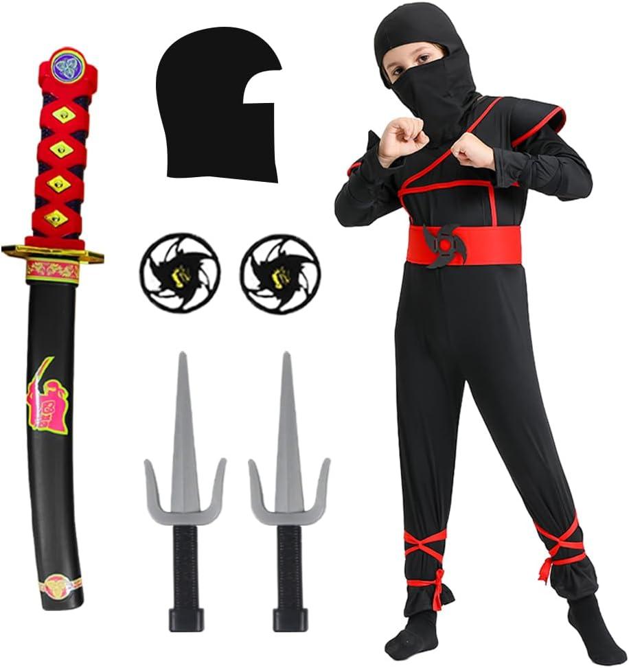 skyllc Ninja Costume Kids, Boys Ninja Cosplay Set - for Role Play Halloween Christmas Party Carnival (Large, Red)