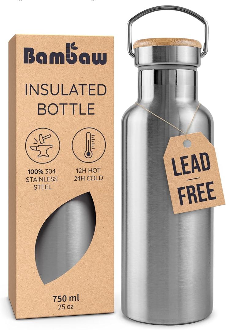 Bambaw Insulated Water Bottle 24oz | Stainless Steel Water Bottle | Insulated Water Bottles | Travel Water Bottle | Metal Water Bottle | Large Water Bottle | Reusable Water Bottle 750 ml (Silver)