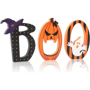 COCHIE BOO Signs Halloween Table Decorations Indoor, Retro Halloween Black Orange Tiered Tray Decor Set of 3, Wooden Happy BOO Day Decoration Sign for Party Home Shelf Display (Ghost)