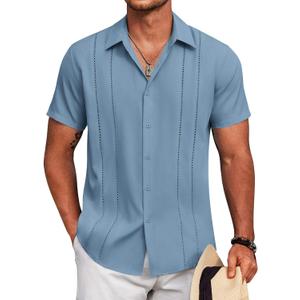 COOFANDY Mens Cuban Guayabera Shirt Short Sleeve Button Down Shirts Summer Beach Vacation Shirts (Brown, L)