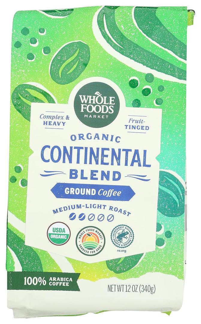 Whole Foods Market, Organic Continental Blend Ground Coffee, Medium-Light Roast, Complex & Heavy, Fruit-Tinged, 12 Ounce