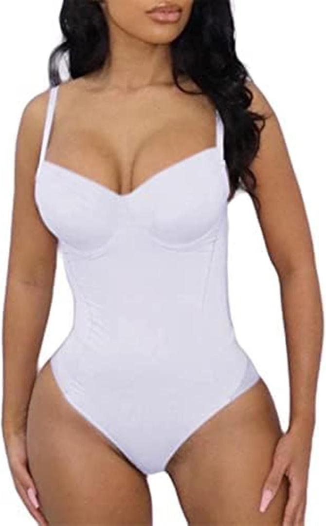 Hilinker Women's Sexy V Neck Spaghetti Strap Shapewear Bodysuit Camisole Bustier Top White Small