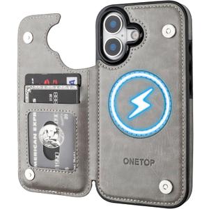 ONETOP Compatible with Magsafe for iPhone 17 Wallet Case with Card Holder, PU Leather Kickstand RFID Blocking Case, Double Magnetic Clasp and Durable Shockproof Cover 6.3 Inch (Grey)
