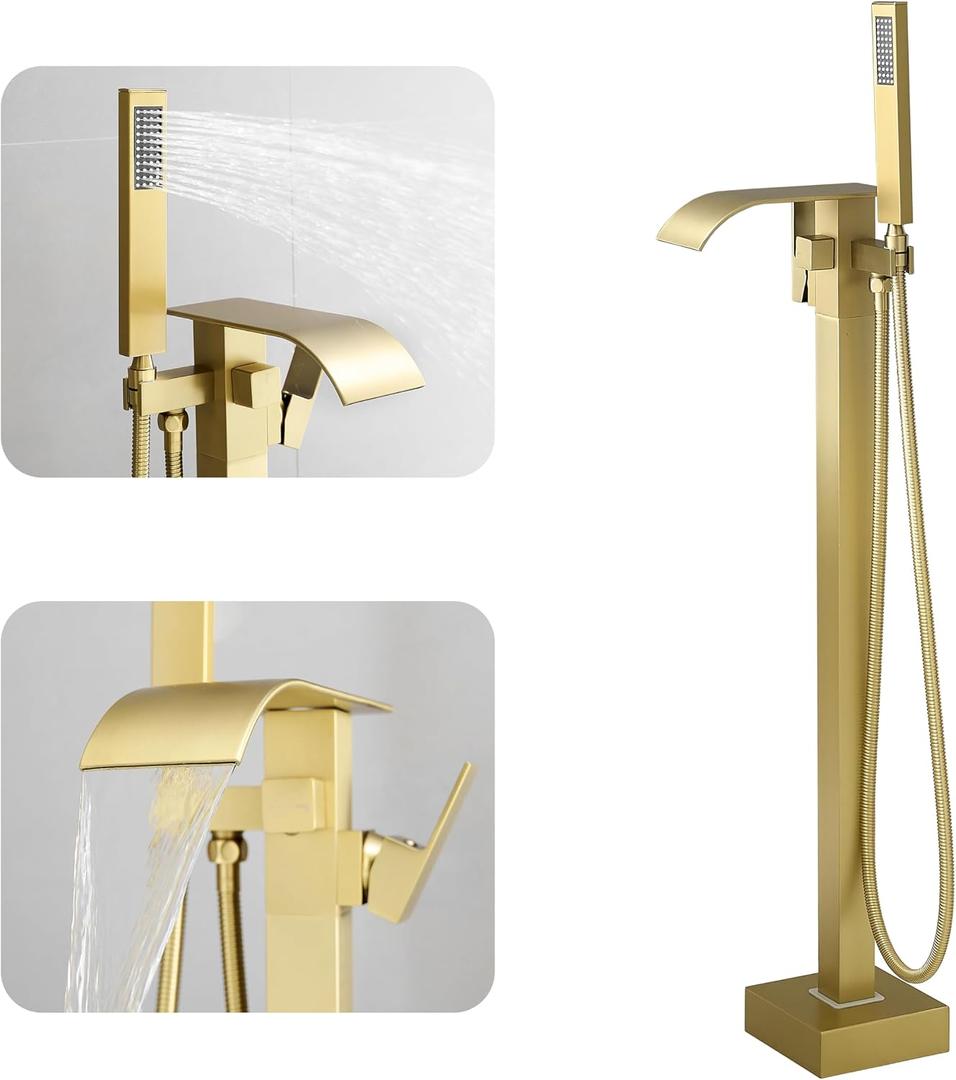 BWE Brushed Gold Freestanding Bathtub Faucet with Handheld Shower Head Single Handle Floor Mounted Tub Filler Waterfall Tub Spout Solid Brass Construction Bathtub System Brushed Gold