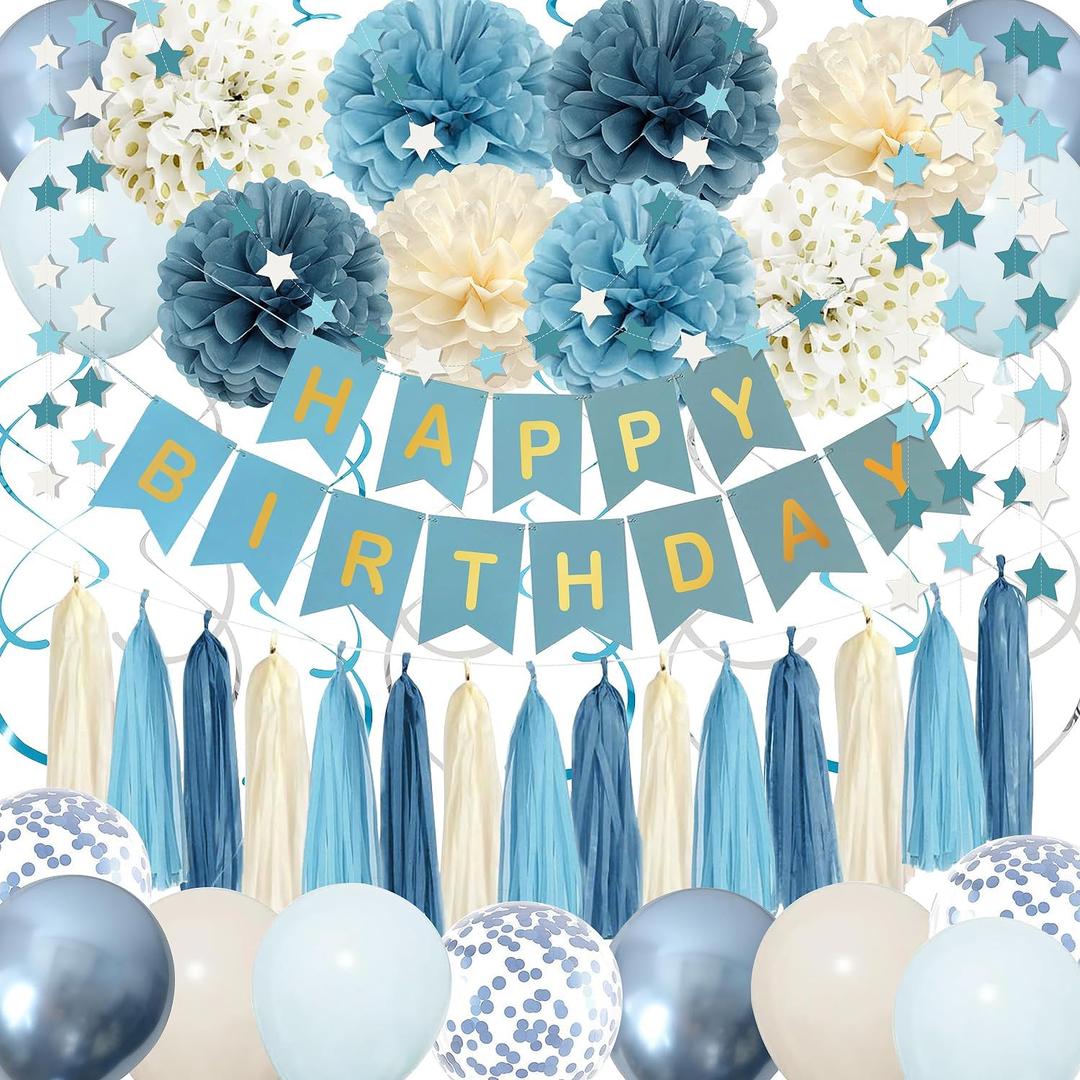 Dusty Blue Party Decorations with Blue Sand Gold Balloons, Happy Birthday Banner, Paper Pompoms, Star Banner for Boys Kids Party Decor