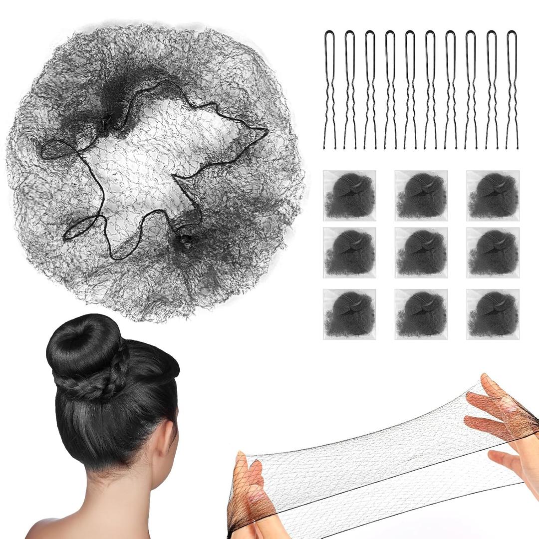 Hair Bun Nets Set with Elastic Edge and U-Shaped Pins for Buns - 20Brown Mesh Invisible Ballet Nets for Girls and Women