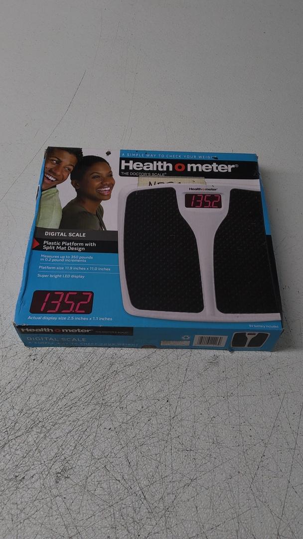 Health o meter Digital Bathroom Scale, specifically a model featuring a plastic platform with a split mat design and a super bright LED display, White