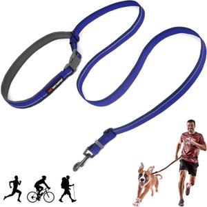 Tuff Pupper Hands Free Adjustable Length Dog Leash | Lightweight for Running Jogging Walking | Padded Waist Belt (24-50 Inch) | Adjusts 3 to 6 Feet Length | Strong Ballistic Nylon w/Reflective Strips (Blazing Blue)