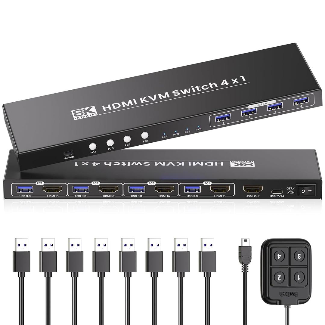 HDMI KVM Switch 1 Monitors 4 Computers, 8K@60Hz 4K@120Hz USB 3.0 4 Port HDMI KVM Switch for 4 PCs Share 1 Set of Keyboard, Mouse and Monitor