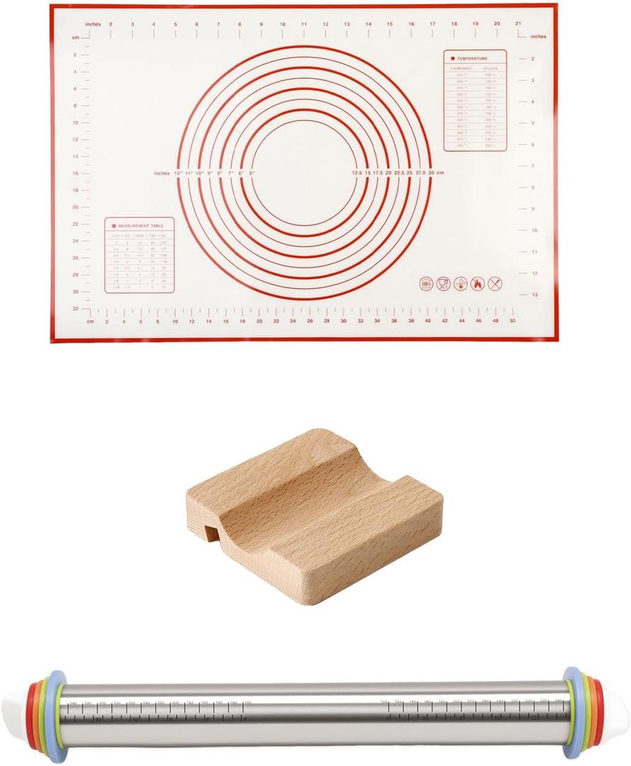 Adjustable Stainless Steel Rolling Pin with Thickness Rings for Baking, Dough Roller Pins for Cookie Decorating Baking Supplies with 1PCS Silicone Pastry Mat & 1PCS Rolling Pin Holder (Silver, 16.9", Stainless Steel Set 1)