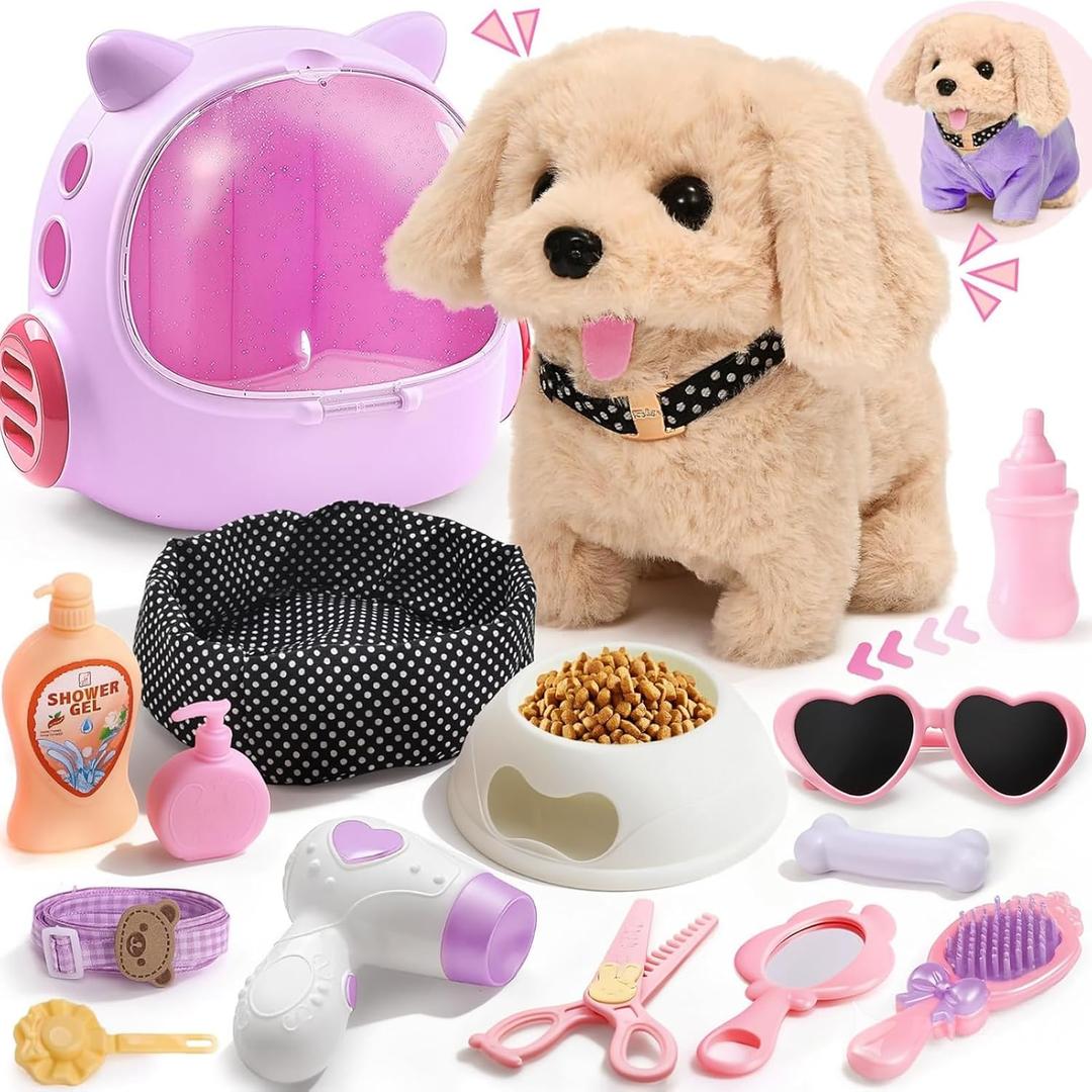 Cleboen 17pcs Robot Dog Toys for Girls Kids Boys 3-6, Realistic Interactive Robot Puppy Dog Plush Toys with Walk & Bark, Pretend Play Puppy Pet Care Playset, 3 4 5 6 Year Old Girl Birthday Gift Ideas (Purple)