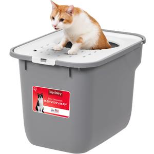 IRIS USA Large Top Entry Cat Litter Box, Hooded Privacy, Gray/White