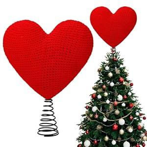 Hahafelt 11.2x8 Inch Valentine's Day Tree Topper Crochet Knit Heart Tree Topper Large Christmas Ornament Heart Decorations for Valentines Day Wedding Party Home Indoor (Red)