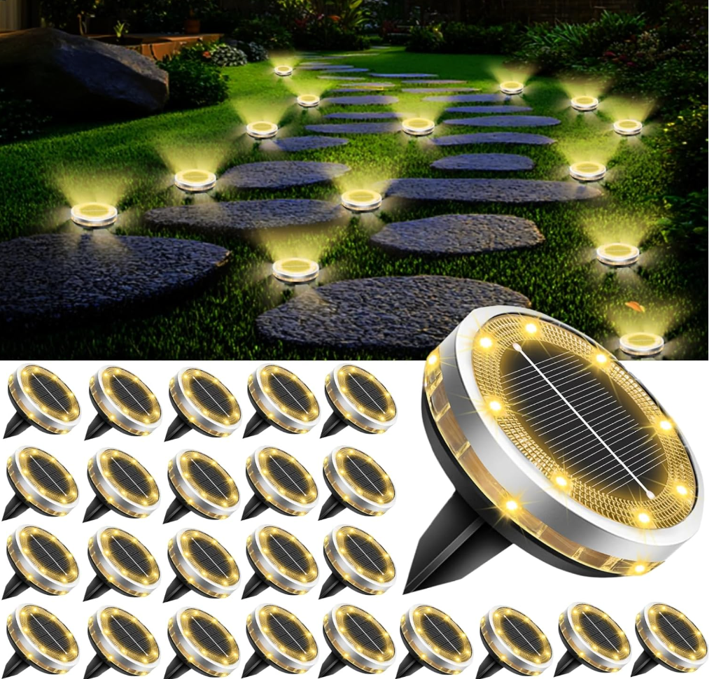 Solar Ground Lights Outdoor 26 Pack Waterproof, Upgraded Solor Garden Lights with 4 Side Light, Stainless Steel Salor Powered Disc Landscape Light for Walkway Pathway Lawn Yard Patio Deck-Warm White
