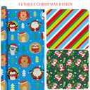CAMKUZON Christmas Foil Wrapping Paper with Cut Lines on Reverse 3 Rolls Pack - Dancing Santa Claus, Colorful Stripes and Assorted Christmas Characters - Holiday Wrapping Paper Bundle, 24 Inch X 144