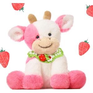 Hopearl Adorable Plush Cow Toy with Knitted Cute Strawberry Bib Floppy Dairy Cattle Soft Stuffed Animal Gifts for Boys Girls Kids Toddlers, Pink, 9''