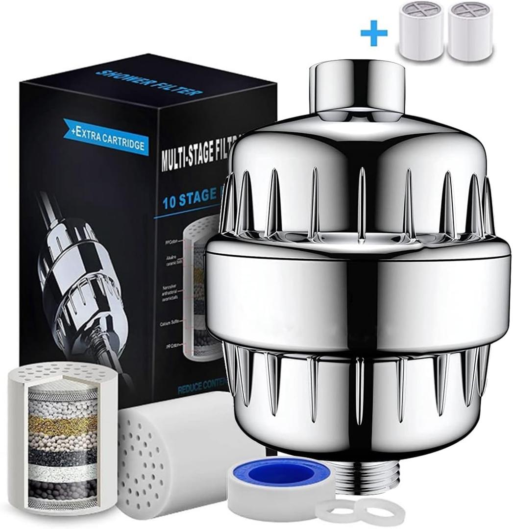 20-Stage Shower Filter, Removes Chlorine and Fluoride, Softens Water, Moisturizes Skin, Comes with Two Cartridges