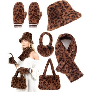 Gifts Sets for Women-5 Piece, Faux Fur Bucket Hat and Glove Set, Valentines Gifts for Her Wife Sister Girlfriends (Leopard Print Deep)