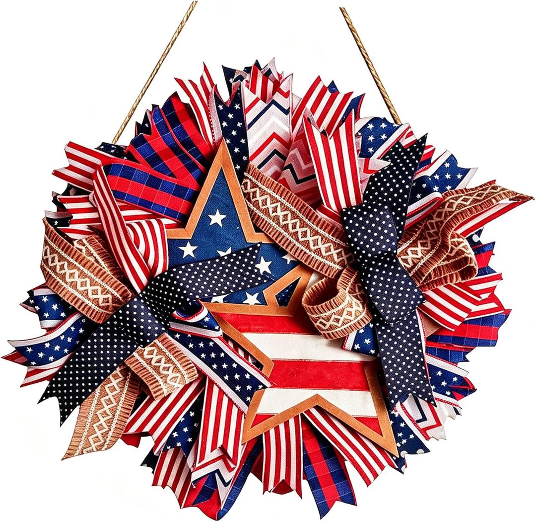 Spiritlele 250th Anniversary USA Door Sign Star Patriotic Wreath 4th of July Memorial Day Hanging Garland Indoor Decoration for Front Door Home Office Celebration Gift