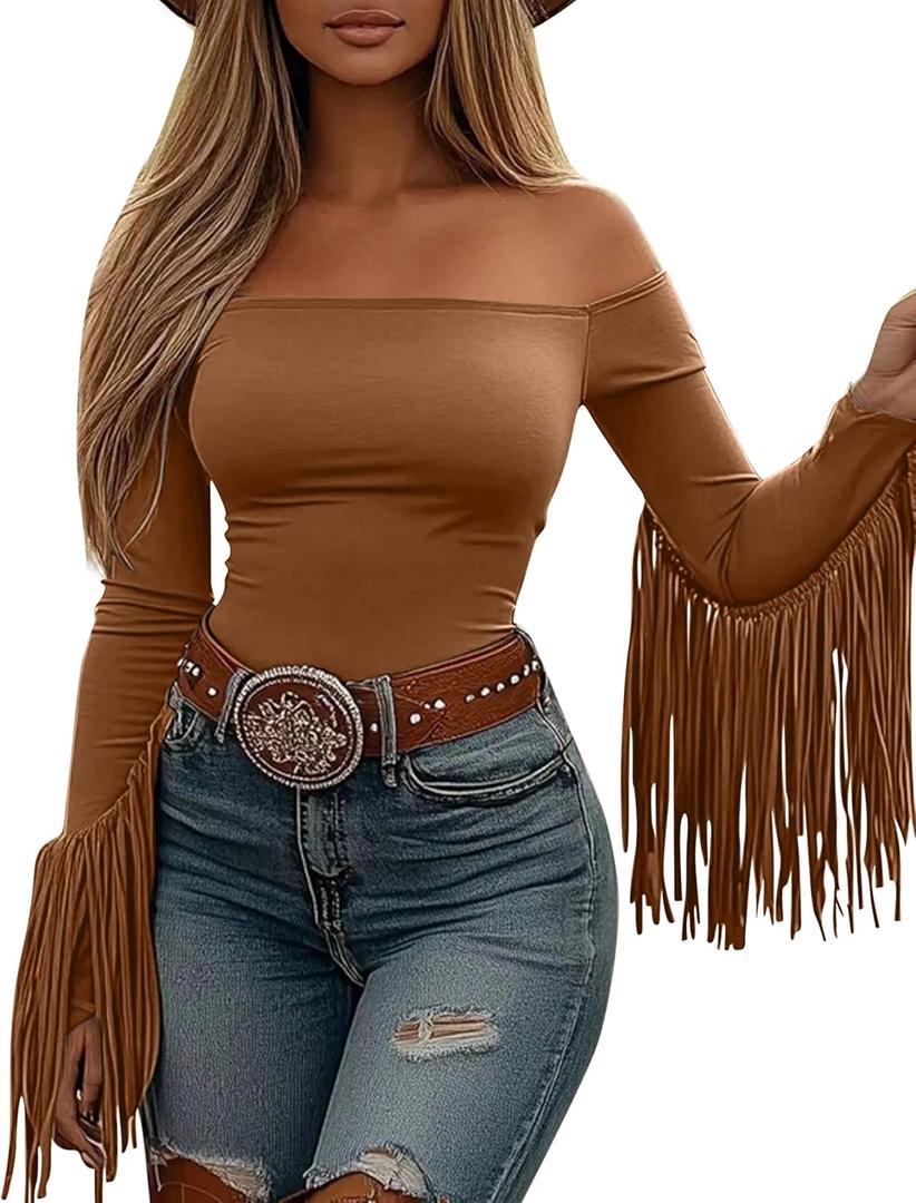 Off The Shoulder Fringe Tops for Women Western Cowgirl Outfits Stretchy Fall Long Sleeve Crop Tassel Shirts Y2K (Medium, 12-light Brown)