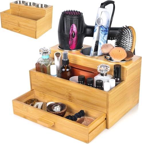 Sol-Eco Hair Tool Storage Organizer, Bamboo Hair tool organizer for Bathroom, Kitchen and Makeup,Hair organizer storage Perfect for Storing Blow Dryer, Straightener and Brush