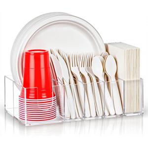 Acrylic Paper Plate Organizer for Countertop, Silverware Caddy for Cups, Napkins, Paper Plate and Utensil Holder, Cutlery Caddy for Party, Camping, Picnic