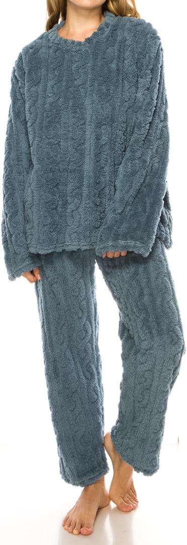 Womens Fleece Fluffy Comfortable Cozy Pajama Set Pullover Lounge Home Warm Wear for Winter Small Blue