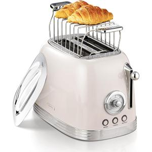 Beige Cute Retro Toaster 2 Slice with 1.58" Wide Slots, Bread toaster with Cover and Warm Rack, Stainless Steel Toaster with Removable Crumb Tray, Preheat, Defrost, Cancel Function (Cream)