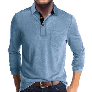 Men's Casual Polo Shirts Classic Button Basic Long Sleeve Shirt Solid Color Cotton Tees Stylish Tops (Large, Blue)