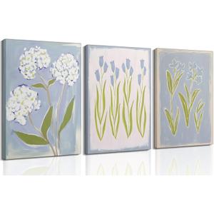 3Pcs Blue Green Tulip Hydrangea Flower Canvas Wall Art Flowers Plant Aesthetics Painting Picture Decor Elegant Preppy Poster Print Artwork for Living Room Gallery Bedroom Dorm Home Decoration