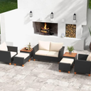 Black 7-Piece Wicker Outdoor Sectional Set with White Cushions