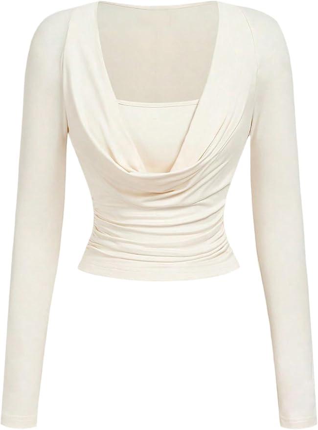 Floerns Women's Casual Cowl Neck Long Sleeve T Shirts Draped Ruched Fitted Tops, XS