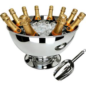 Stainless Steel Champagne Bucket with Scoop, 15.3" Large Capacity Ice Bucket with Detachable Base, Mirror Polished Inside & Out, Heavy Duty Wine Chiller Bowel for 8 Bottles Parties, Weddings