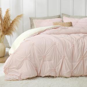 BEDELITE Pintuck Fluffy King Size Comforter Set - Super Soft Sherpa Pink Comforter for King Size Bed, Luxury Warm Bedding Set for Winter, Fuzzy Bed Set 3 Pieces (1 Comforter, 2 Pillowcases)