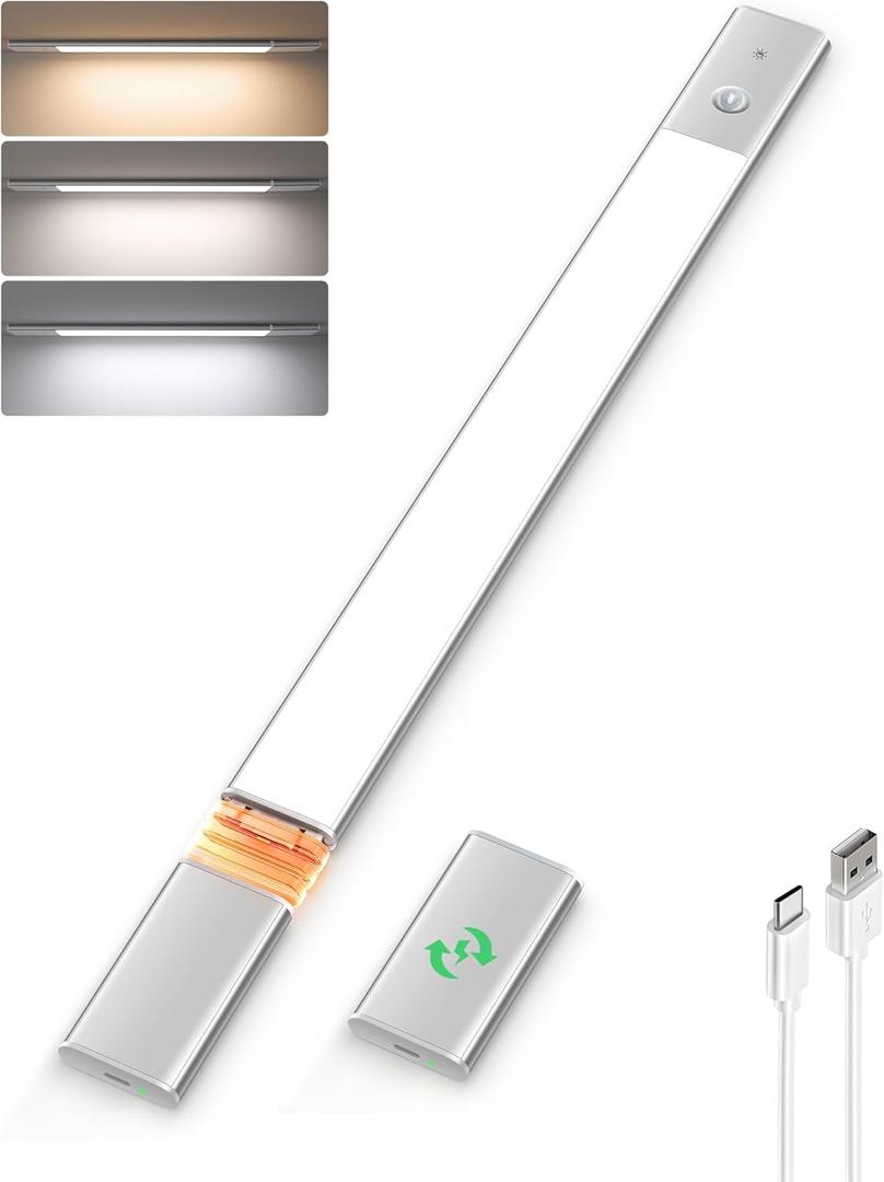 EZVALO Under Cabinet Lighting, Motion Sensor Closet Lights with Extra Detachable Battery, 76 LED Dimmable, 3 Color Temps, Under Counter Lights for Kitchen, Wardrobe (1pc+1 battery, Silver)