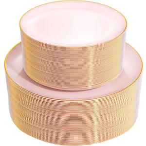PULOTE 100PCS Pink Plastic Plates - Heavy Duty Pink and Gold Disposable Plates for Party, Wedding & Mother’s Day, Include 50 Dinner Plates and 50 Dessert Plates