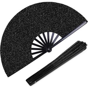 2 x OHOME Hand Fans for Women Foldable - Black Large Folding Rave Fan | Fans for Line Dancing - Nylon-Cloth Vintage Retro Fabric Festival Hand Held Fan, Stocking Stuffers for Women