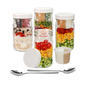 4 Pack Glass Salad Mason Jars with Lids Meal Prep- Mason Jars 32 oz Salad Container for Lunch With Fork-Leak-proof & Separate Compartments for Dressing and Dry Ingredients- Food Grade,PFAS BPA Free