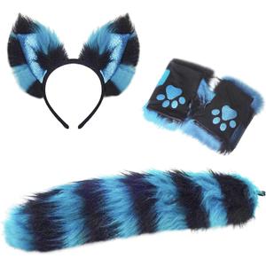 Cat Wolf Fox Tail Faux Fur Ear Headband Paw Gloves Set for Adult Children Halloween Xmas Fancy Party Cosplay Costume for Kids (Blue-black)