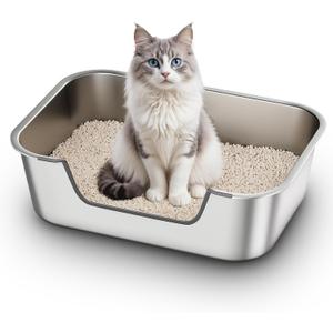 Qiuma Stainless Steel Cat Litter Box with Low Entry, Metal Kitty Litter Box for Senior or Injured Cats, Odor-Free, Non-Stick, Easy to Clean, 19.5"x13.6"x5.9", Litter Pan for Big and Small Cats