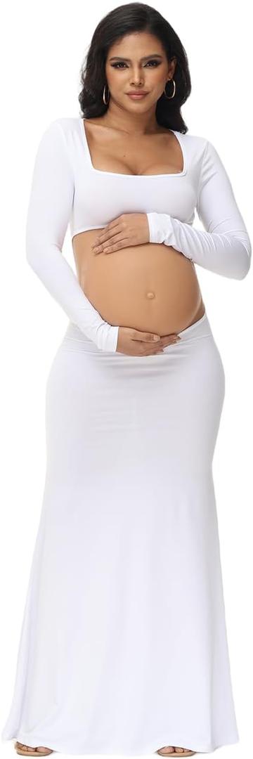 Maternity Dress for Photoshoot Solid Cut Out Backless Long Sleeve Maxi Photography Pregnancy Dress for Women (White, S)