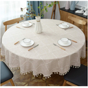 Round Tassel Plaid Tablecloth, Heavy Weight Cotton Linen Fabric Table Cover for Kitchen Dining Tabletop Decoration, Beige, 78" Round
