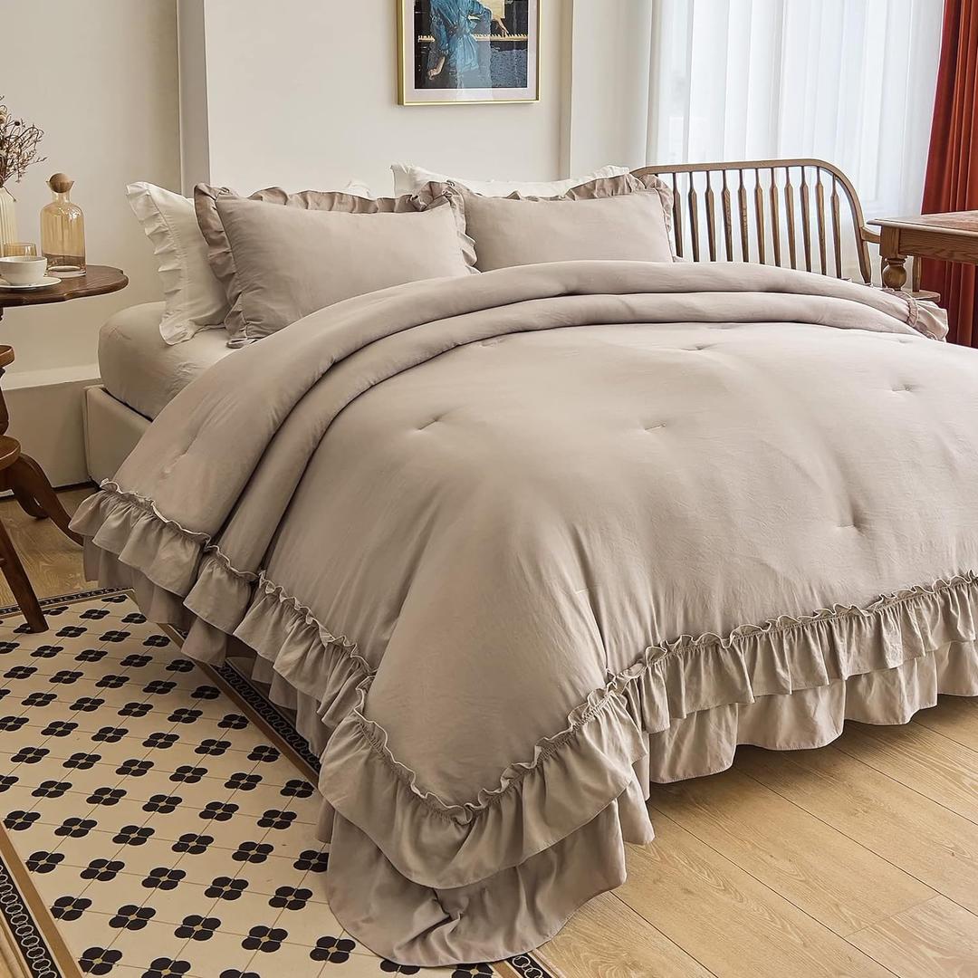 AIKASY Taupe Comforters King Size Set, Vintage Boho Chic Farmhouse Bedding Sets Shabby Ruffle Queen Bed Comforter Bedding 3PCS1 Comforter and 2 Pillowcases