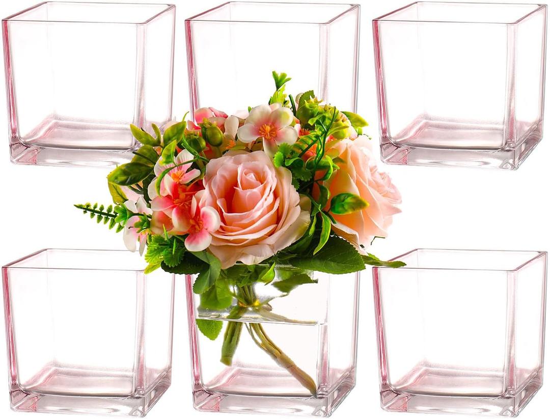 Square Glass Vases Set of 6, 4" x 4" x 4" Square Flower Vases for Centerpieces, Pink Vase for Flowers, Small Vase for Wedding, Party, Home Office Decoration
