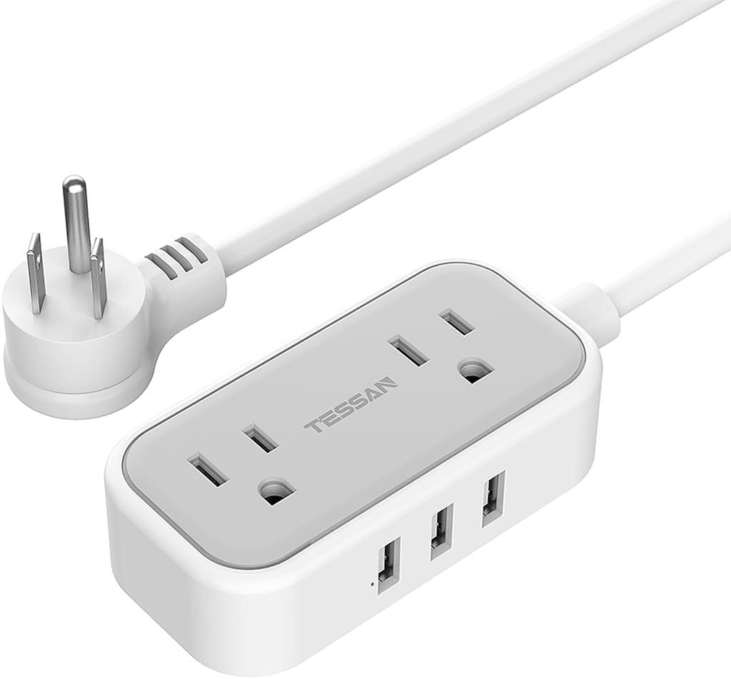 Small Power Strip, TESSAN Extension Cord with 2 AC Outlets 3 USB Ports, Mini Desk Charging Station for Cruise Travel Office School Dorm Room Essentials, 5 FT (Grey White)