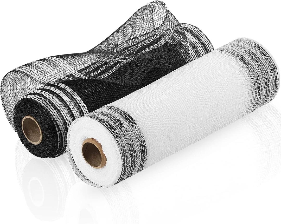 Juexica 2 Rolls Deco Mesh, 10 Inch x 10 Yard Poly Decorative Mesh Ribbon Wrapping Ribbon Rolls for Wreath Making Door Decoration DIY Crafts Supplies(Black, White)